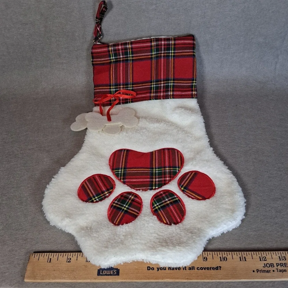 Red Plaid Dog Paw Christmas Stocking Sherpa Fleece with Bone Charms Holiday